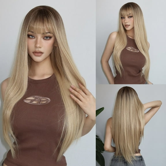 Blonde Wigs for Women Human Hair with Bangs, 26in Lace Front Wigs Human Hair Long Straight Bob Wig