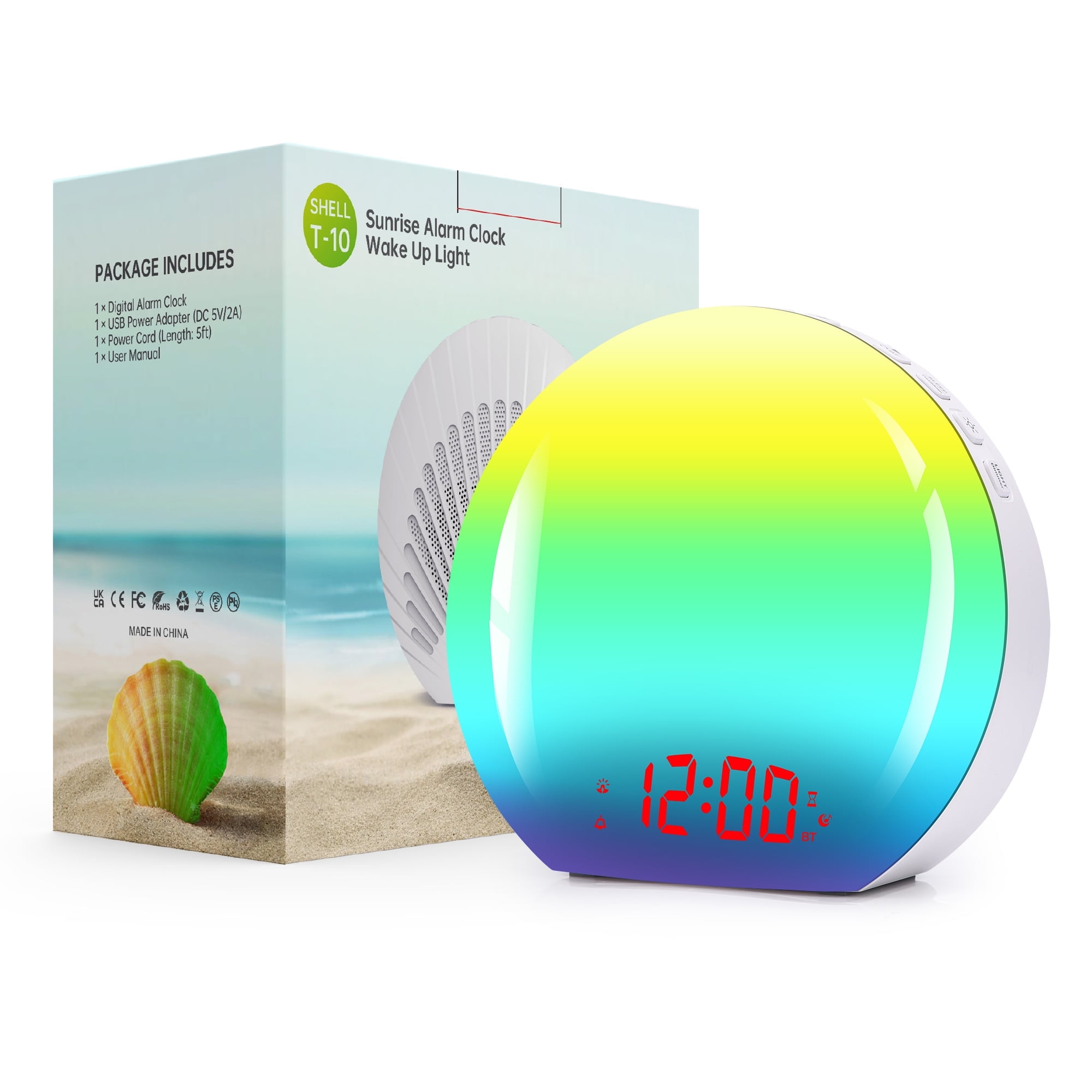 SZELAM LED Sunrise Alarm Clock, White Bluetooth Speaker, 9 Colour Atmosphere Lights, Snooze Function