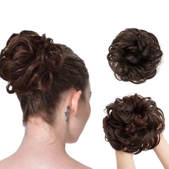 Messy Hair Ring Bun Wavy Wig Scrunchies for Women and Girl, Ash Brown Highlight With Gold Blonde, Wavy Curly Ponytail Hair Extensions Thick Holder Hairpiece