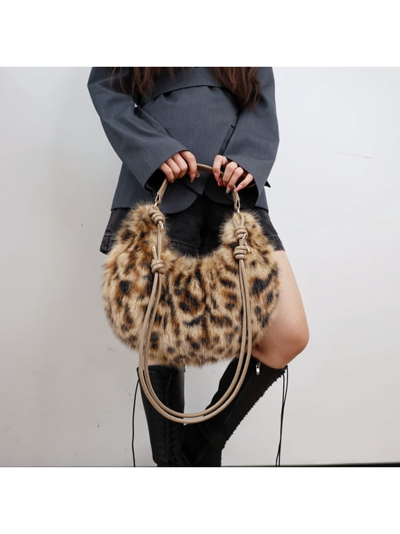Plush Half Moon Hobo Bag, Knotted Strap Shoulder Crossbody for Women