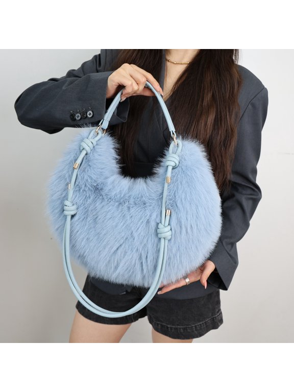 Plush Half Moon Hobo Bag, Knotted Strap Shoulder Crossbody for Women