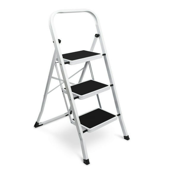 SZHLUX 3 Step Ladder, Foldable Steel Stool with Wide Anti-Slip Pedals, Convenient Handgrip, Portable Household Staircase (White) - Ideal for Home Use