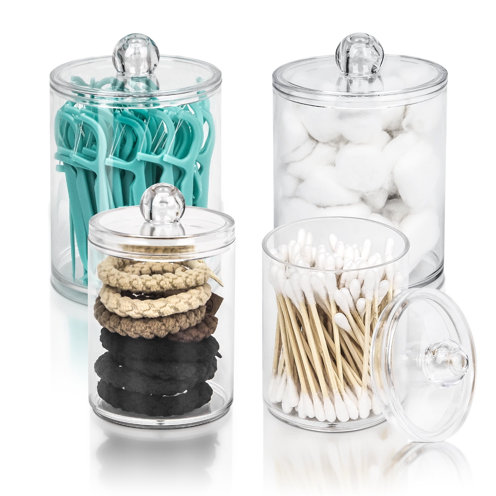 SZHLUX 4-Pack Qtip Holder Dispenser for Floss Picks, Cotton Swabs, Cotton Balls, Cotton Rounds - Small Clear Plastic Storage Jars Set for Bathroom Organization, Vanity Makeup Organizer