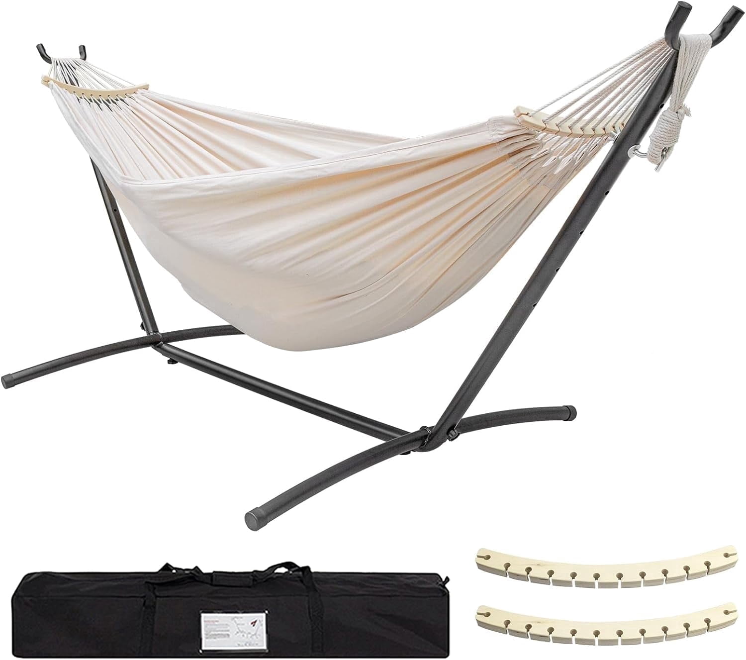SZHLUX Double Hammock with Stand Included 450lb Capacity Steel Stand, Premium Carry Bag Included.Indoor Outdoor Brazilian-Style Cotton Bed for Backyard, Camping,Garden, Beige
