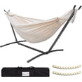 thumbnail image 1 of SZHLUX Double Hammock with Stand Included 450lb Capacity Steel Stand, Premium Carry Bag Included.Indoor Outdoor Brazilian-Style Cotton Bed for Backyard, Camping,Garden, Beige, 1 of 12