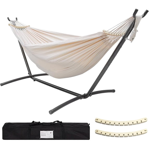 SZHLUX Double Hammock with Stand Included 450lb Capacity Steel Stand, Premium Carry Bag Included.Indoor Outdoor Brazilian-Style Cotton Bed for Backyard, Camping,Garden, Beige