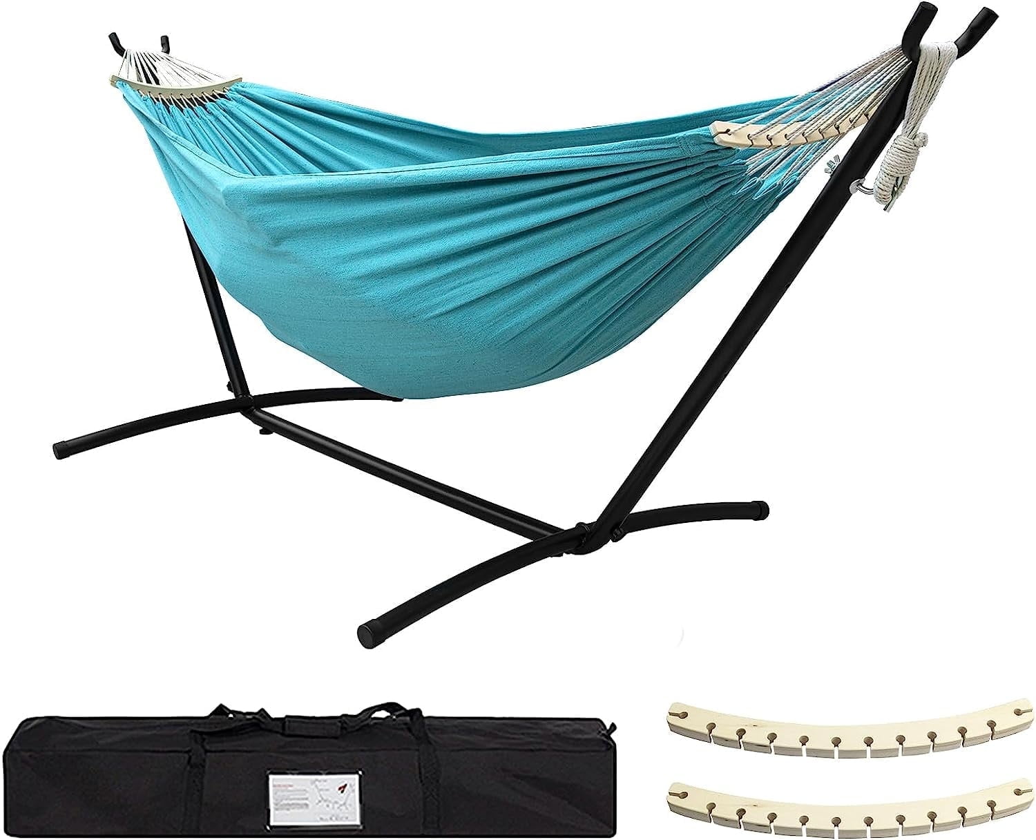 SZHLUX Double Hammock with Stand Included 450lb Capacity Steel Stand, Premium Carry Bag Included.Indoor Outdoor Brazilian-Style Cotton Bed for Backyard, Camping,Garden