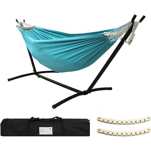 SZHLUX Double Hammock with Stand Included 450lb Capacity Steel Stand, Premium Carry Bag Included.Indoor Outdoor Brazilian-Style Cotton Bed for Backyard, Camping,Garden