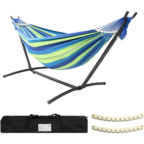 SZHLUX Double Hammock with Stand Included 450lb Capacity Steel Stand, Premium Carry Bag Included.Indoor Outdoor Brazilian-Style Cotton Bed for Backyard, Camping,Garden,Green