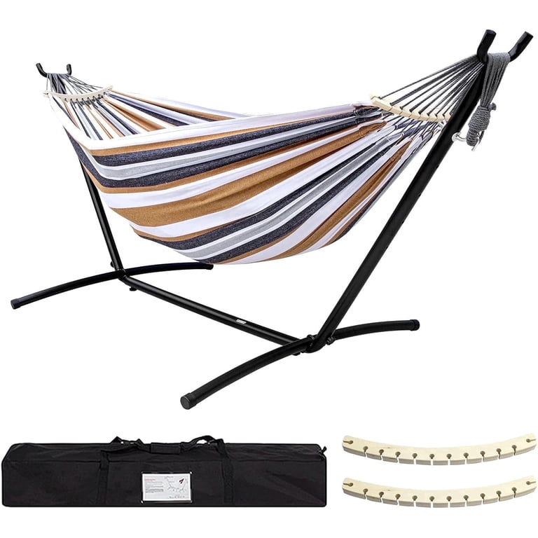 SZHLUX Double Hammock with Stand, 450lb Capacity, Cotton Fabric