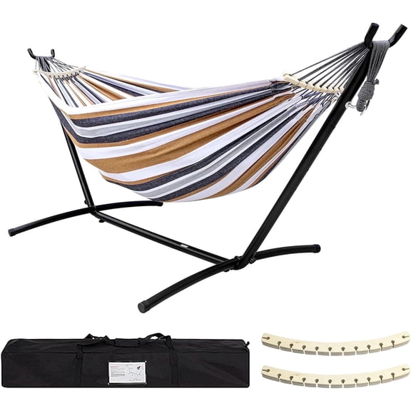 SZHLUX Double Hammock with Stand Included 450lb Capacity Steel Stand, Premium Carry Bag Included and Two Anti Roll Balance Beam, Portable Hammock with Stand for Backyard, Camping,Garden Brown Stripes