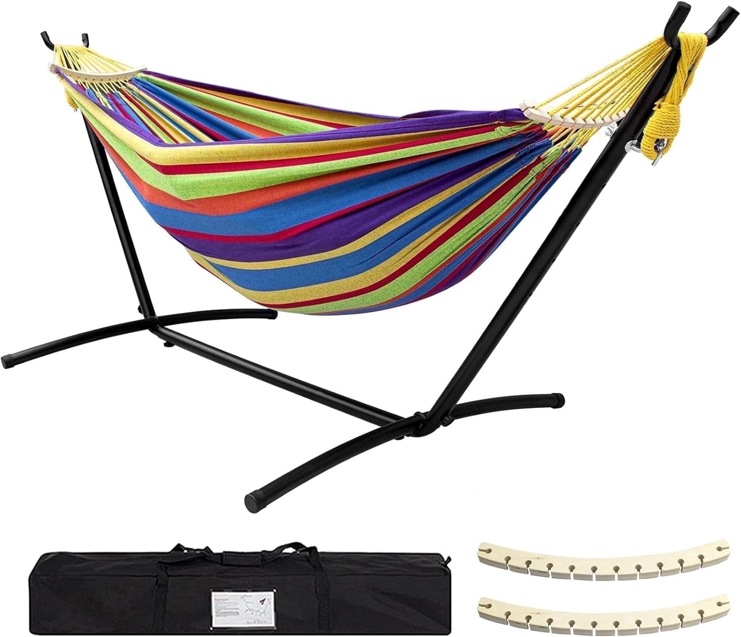 SZHLUX Double Hammock with Stand Included 450lb Capacity Steel Stand, Premium Carry Bag Included and Two Anti Roll Balance Beam,Rainbow