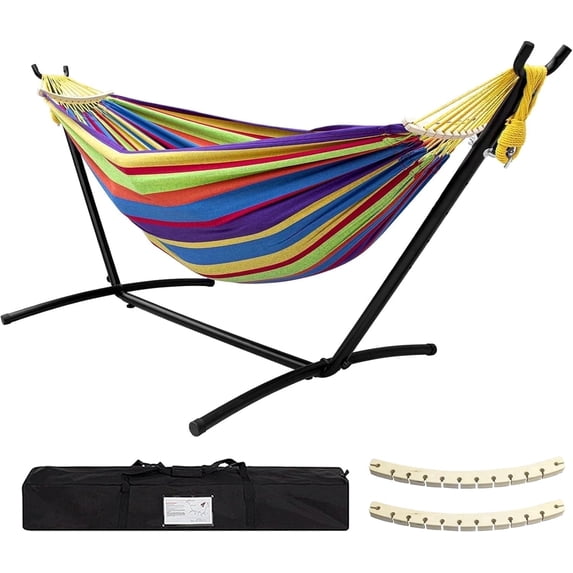 SZHLUX Double Hammock with Stand Included 450lb Capacity Steel Stand, Premium Carry Bag Included and Two Anti Roll Balance Beam,Rainbow