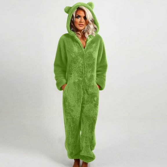 SZJXBUY Adult Onesie Pajamas for Women Plus Size Lounge Zip Sherpa Warm Pajama with Hooded Ears Solid Fleece Slouchy Sleepwear Jumpsuits Green,XXXL