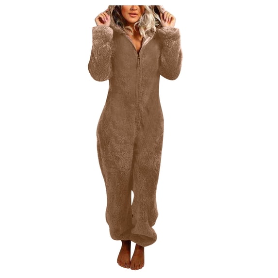 SZJXBUY Adult Plus Size Onesie Pajamas Fuzzy Winter Hooded Zip Sherpa Warm Pajama Lounge One Piece Fleece Slouchy Sleepwear Jumpsuits Khaki,S