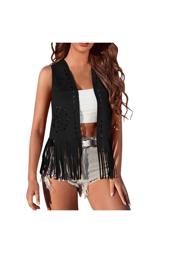 Beachy Cardigans for Women Summer Casual Vintage Western Open Front Fringe Cardigan Hippie Faux Suede Tassel Cowgirl Outerwear Vest Black,XXL
