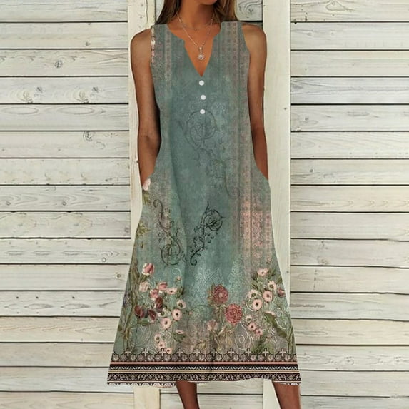 SZJXBUY Boho Dresses for Women Casual Dress Ethnic Style Summer Button V Neck Sleeveless with Pocket Flowy Dresses Holiday Beach Party Midi Dress Green,XL