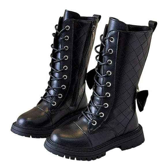 SZJXBUY Boots Kids Girls Size Waterproof Lace-Up Boot Back Zipper Knee High Leather Winter Low Heel Mid Calf Combat Riding Princess Shoes Black,7 Years
