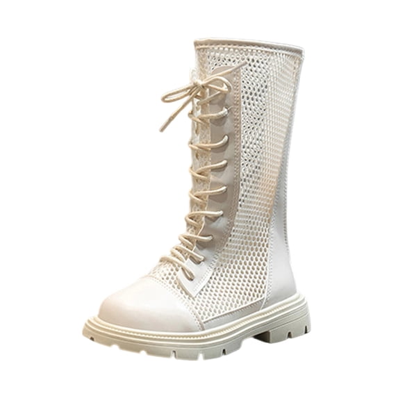 SZJXBUY Boots for Teens Breathable Mesh Fabric Knee High Boot Fashion Lace-Up Side Zipper Mid Calf Combat Riding Boots Lightweight Sandals Beige,9 Years