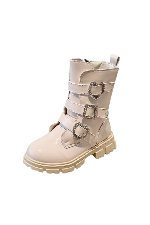 Boots for Juniors Cute Side Zipper Mid Calf Boot with Buckle Straps Preppy Lug Sole Fall Winter Shoes Beige,34