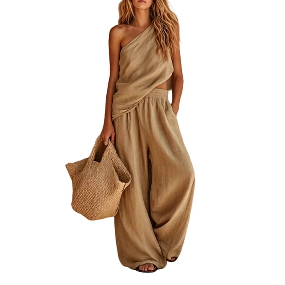 SZJXBUY Business Casual Pants Sets Women 2 Piece Outfits Dressy Basic Off Shoulder Sleeveless Wide-Leg Pants Set Elegant Beach Outfit Khaki,L