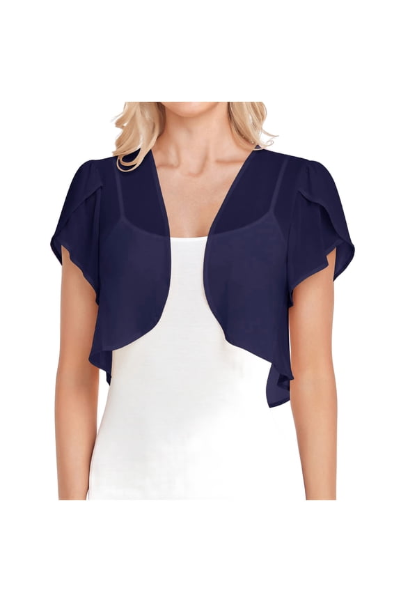 Cardigan Vest for Women Summer Flowy Casual Open Front Bolero Shrugs for Dress Puff Short Sleeve Cropped Sheer Shawl Daily Wear Chiffon Cardigans Navy,S