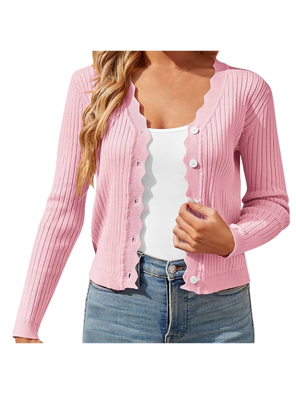 Cardigans Dress for Women Summer Casual V Neck Button Down Cropped Cardigan Soft Ribbed Knit Shrugs for Dresses Tops Pink,XL