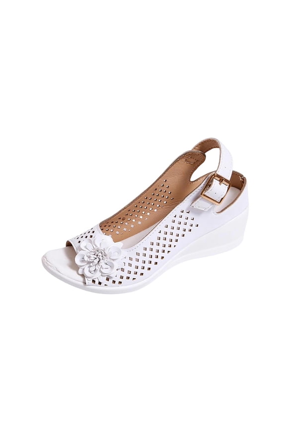 Cork Wedge Sandals for Women Summer Casual Open Toe Low Heels Mesh Sandals Elegant Floral Ankle Strap Flower Dress Beach Shoes White,36