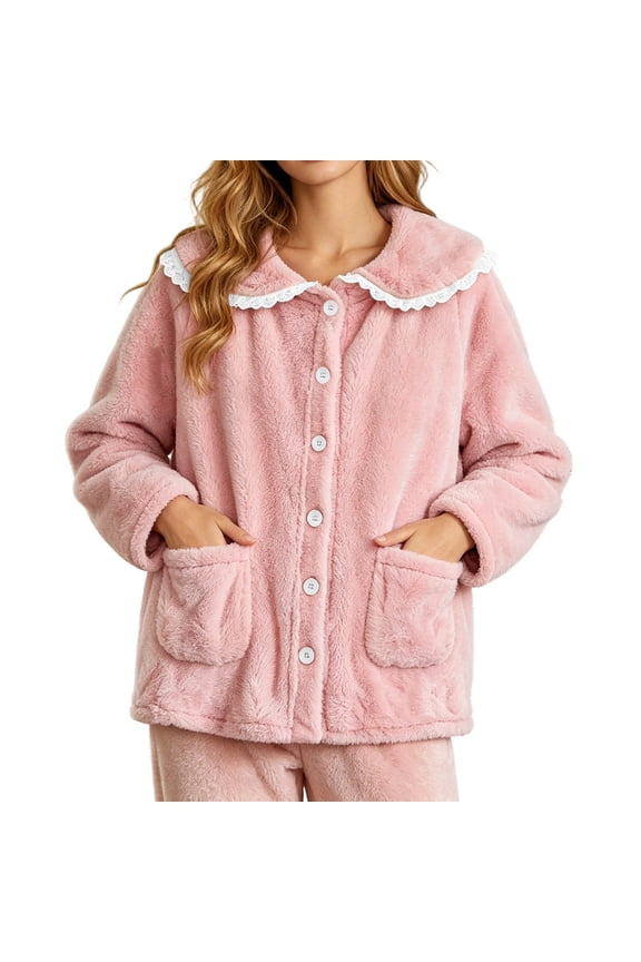Cotton Bed Jacket Women Winter Cozy Plush Fleece Pajama Tops with Lace Peter Pan Collar Button Down Long Sleeve Lounge Coat with Pockets Pink,L
