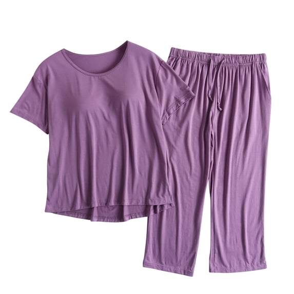 SZJXBUY Cozy 2 Piece Lounge Sets for Women 2026 Built in Bra Oversized Short Sleeve Tops & Wide Leg Pant Sleepwear Nightwear Matching Outfits Purple,XL