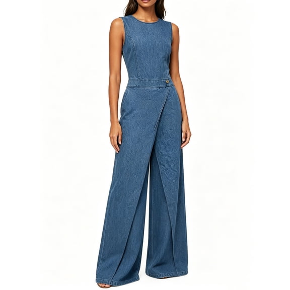 SZJXBUY Denim Jumpsuit for Women Plus Size Summer Casual Crewneck Wide Leg Sleeveless Jean Rompers Lightweight Loose Distressed One Piece Overalls Blue,L