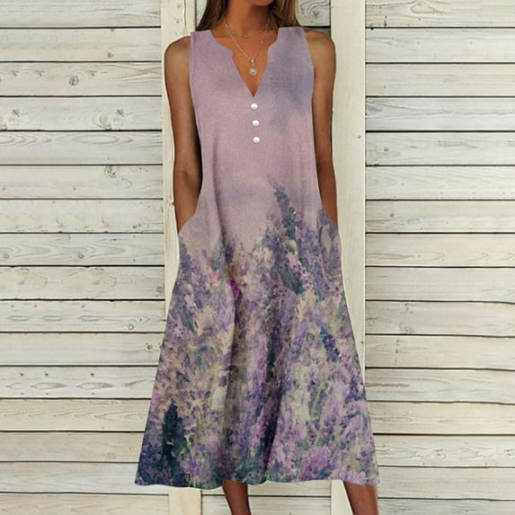 SZJXBUY Dresses for Women Casual Dress Summer Button V Neck Sleeveless with Pocket Vintage Long Dresses Holiday Beach Party Midi Dress Pink,XXL