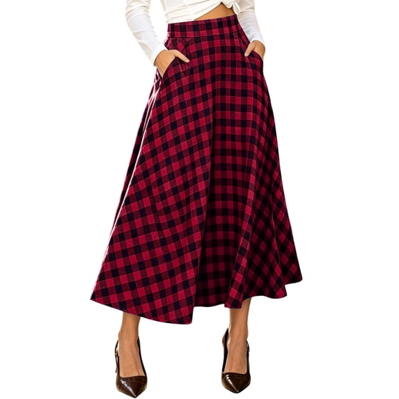 SZJXBUY Fall Plaid Skirts for Women 2026 Plus Size Vintage Buffalo Check Maxi Skirt Casual Winter High Waist A‑Line Flared Swing Office Skirts with Pockets Wine,XL