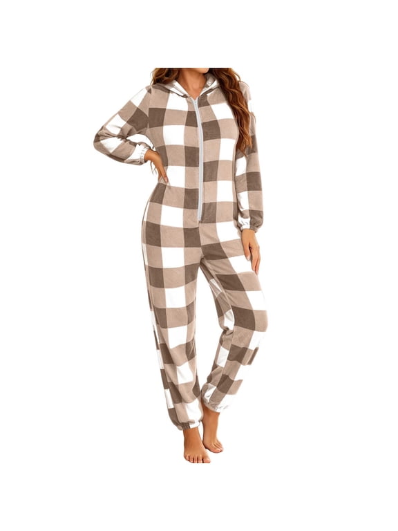 Flannel Pjs Women Fall Winter Hooded Plaid Warm Pajamas Jumpsuit with Front Zipper Cozy Fuzzy Lounge Sleepwear Romper Brown,S