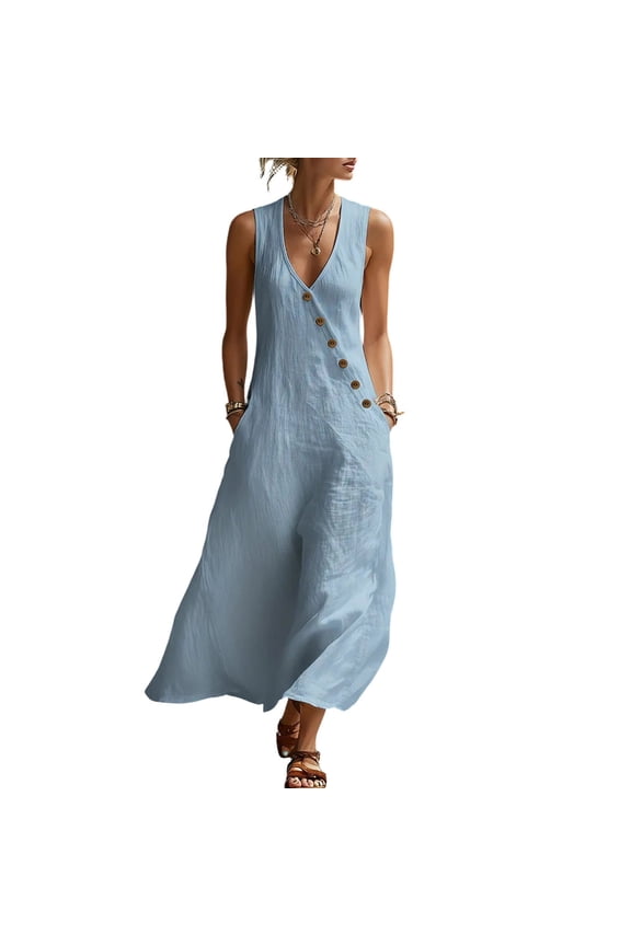 Flowy Maxi Dresses for Women 2026 Summer Elegant V Neck Sleeveless Long Sundress Dressy Casual Beach Button Loose Tank Dress with Pockets Blue,S