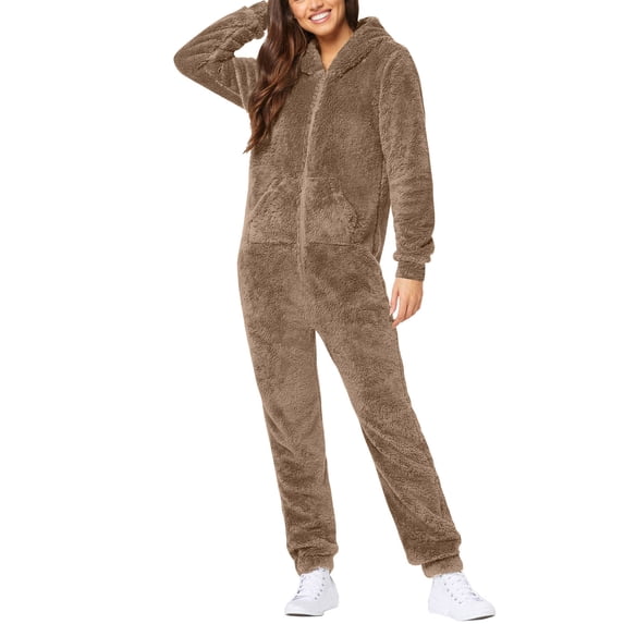 SZJXBUY Funny Onesie Pajamas for Women Fleece Hooded Plus Size Winter Jumpsuit Zipper Sherpa Sleepwear One Piece Loungewear Rompers with Pocket Khaki,XXXXL