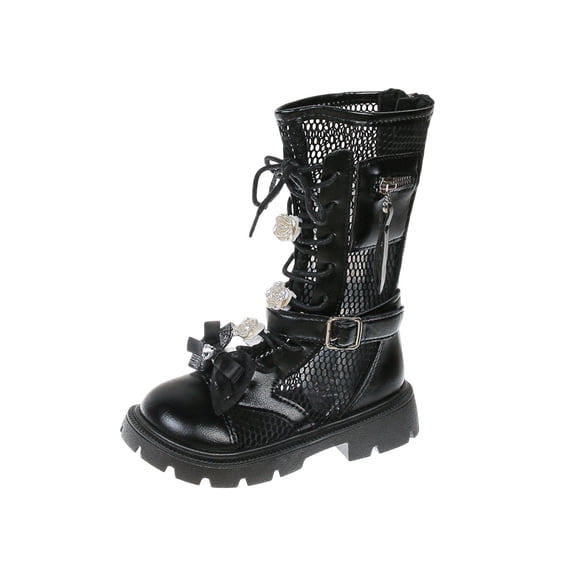 SZJXBUY Girl Tall Boots Cute Floral Mesh Lace Up Mid Calf Boot Breathable Buckle Strap Side Zipper Lug Sole Shoes Black,3-4 Years