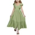 thumbnail image 1 of SZJXBUY Girls Casual Maxi Dresses Back Bowknot Ruffle Sleeve Linen Long Dresses Party Dance Gowns Flower Pageant Dress Green,14-15Years, 1 of 8