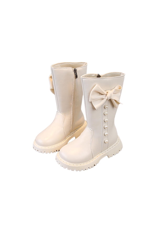 Girls Cow Girl Boots Side Zip Knee Length Combat Boot Mid Calf Lug Sole Punk Goth PU Leather Platform Riding Shoes White,3.5 Years