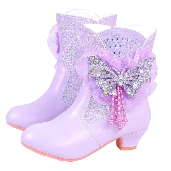 SZJXBUY Girls Dressy Boots Butterfly High Heels Princess Boot Fleece Sparkling Diamond Warm Side Zipper Casual Shoes Purple,4 Years