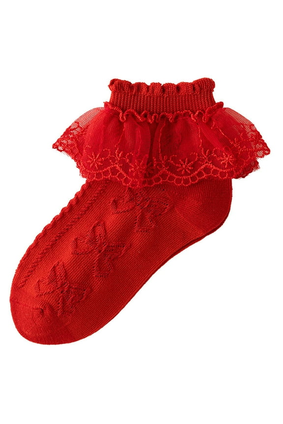 Girls Ruffled Socks Solid Eyelet Mesh Dance Lace Sock Breathable Cotton Frilly Ankle Soft Princess Socks Red,7 Years