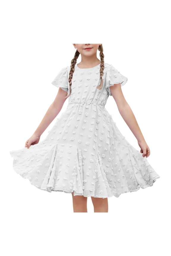 Girls Whoville Dress Cute Swiss Dot Ruffle Short Sleeve Dresses White,14 Years