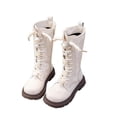 thumbnail image 1 of SZJXBUY Girls Winter Boots Waterproof Knee High Lace Up Combat Boot Mid Calf PU Leather Side Zipper Pearl Punk Goth Riding Shoes Beige,9.5 Years, 1 of 9