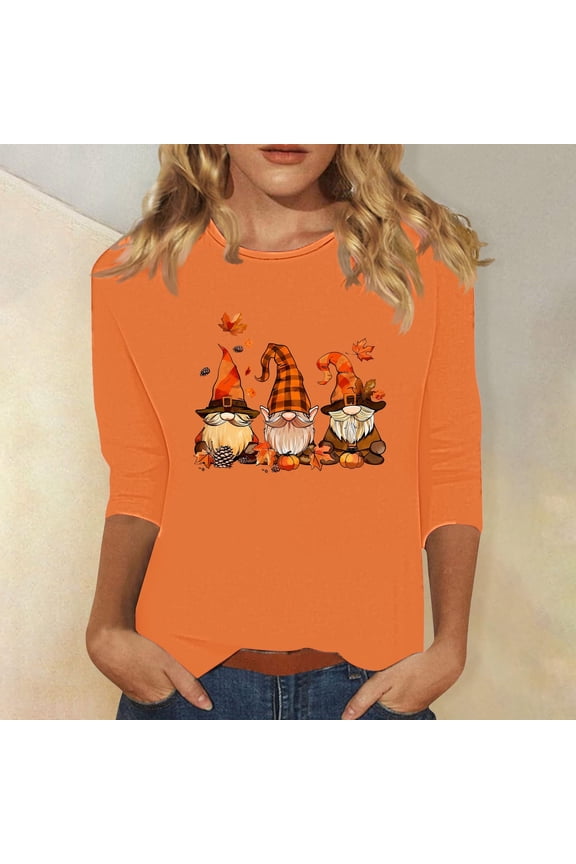 Gnomes 3/4 Sleeve Shirts for Women Halloween Shirts for Women Crewneck Tunic Tshirt Cute Ghost Graphic Tee 2024 Fall Outfits Funny Gifts Tops Orange,M