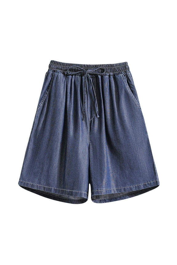 Jean Shorts Curvy Women Summer 2026 Elastic Waist Drawstring Shorts High Waisted Lounge Pants Dark Blue,XXXL