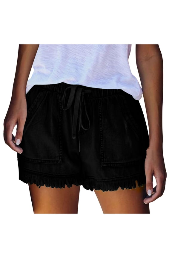 Jean Shorts Womens High Waisted Summer Drawstring Waist Fringed Cut Off Shorts Stylish Casual Pants with Pockets Black,XXL