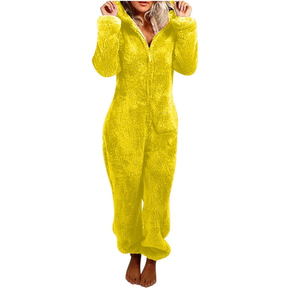 SZJXBUY Jumpsuits for Women Plus Fleece Lounge Zip Sherpa Onesies Pajamas with Hooded Ears Slouchy Solid Sleepwear Rompers Yellow,S