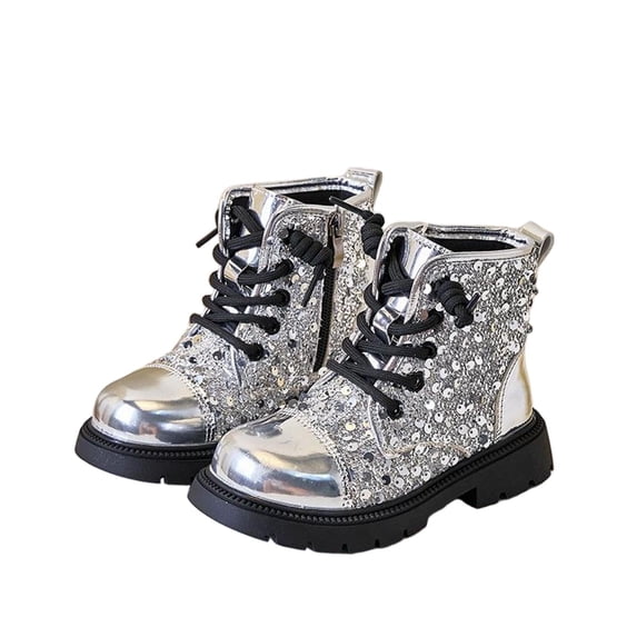 SZJXBUY Kid Riding Boot Sparkly Waterproof Ankle Combat Boots Comfortable Side Zip Fashion Glossy Surface Faux Leather Shoes Silver,5 Years