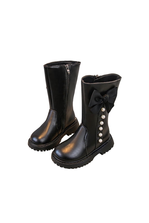 Kid Winter Boot Girl Side Zip Knee Length Combat Boots Mid Calf Lug Sole Punk Goth PU Leather Platform Riding Shoes Black,2.5 Years