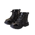 thumbnail image 1 of SZJXBUY Kid Winter Boots Sparkly Waterproof Ankle Combat Boot Comfortable Side Zip Fashion Glossy Surface Faux Leather Shoes Black,8 Years, 1 of 7